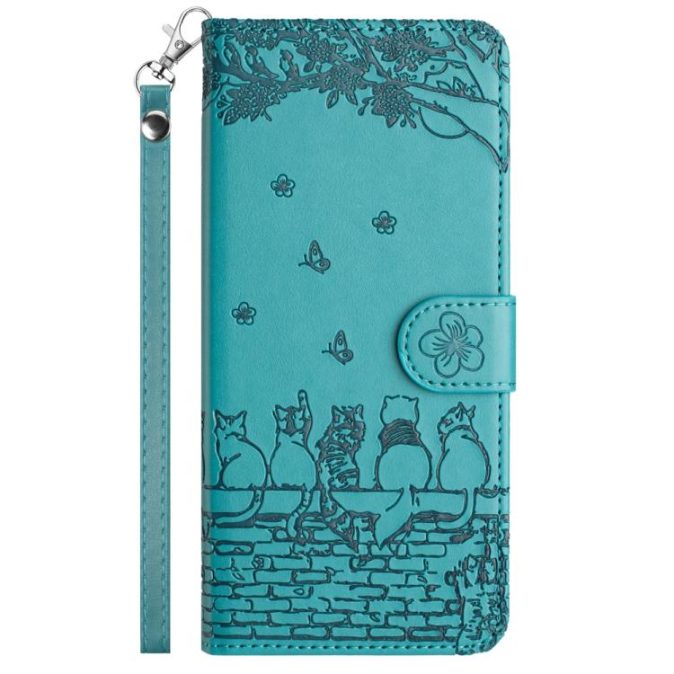 For iPhone 17 Pro Cat Embossing Pattern Leather Phone Case with Lanyard