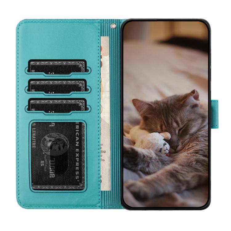For iPhone 17 Pro Cat Embossing Pattern Leather Phone Case with Lanyard