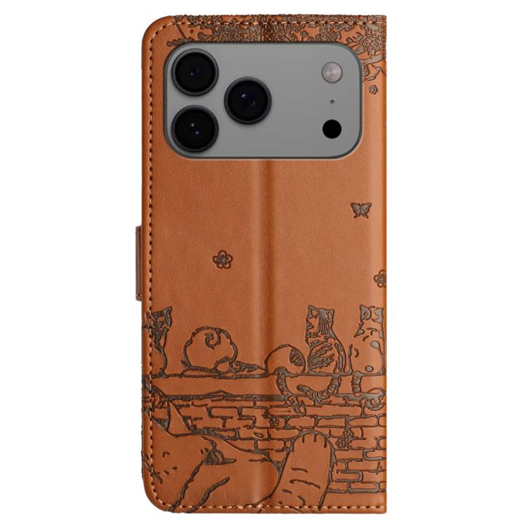 For iPhone 17 Pro Cat Embossing Pattern Leather Phone Case with Lanyard