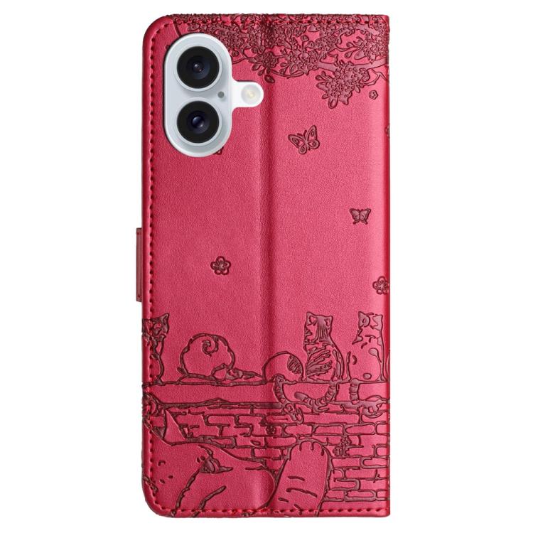 For iPhone 17 Cat Embossing Pattern Leather Phone Case with Lanyard