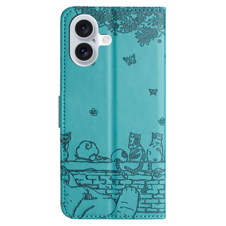 For iPhone 17 Cat Embossing Pattern Leather Phone Case with Lanyard