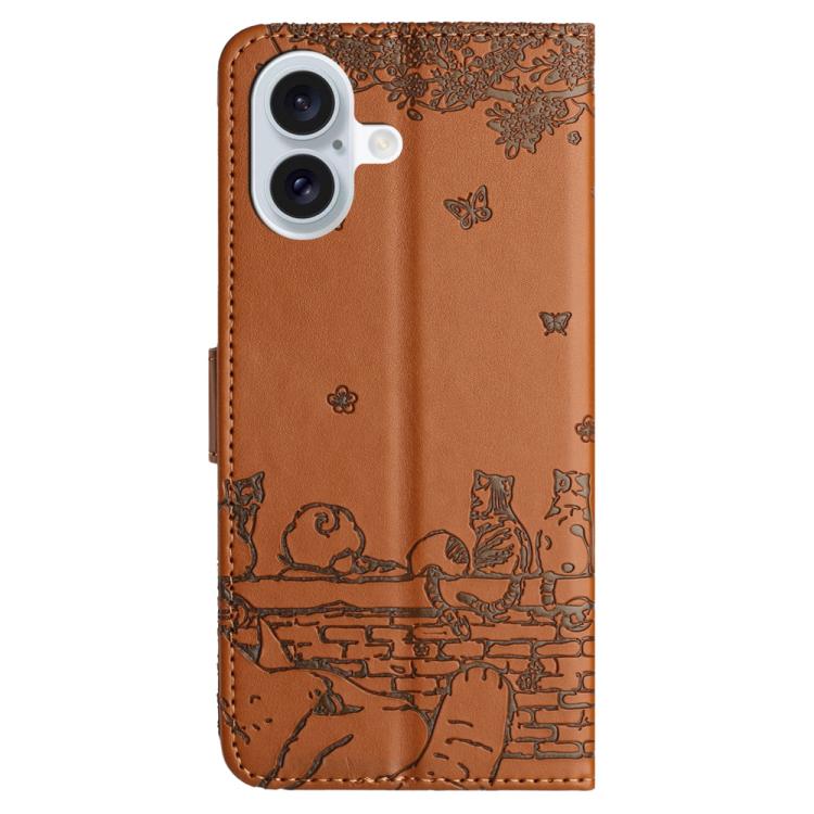 For iPhone 17 Cat Embossing Pattern Leather Phone Case with Lanyard