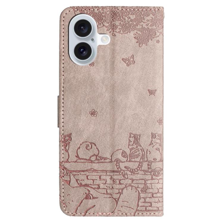 For iPhone 17 Cat Embossing Pattern Leather Phone Case with Lanyard