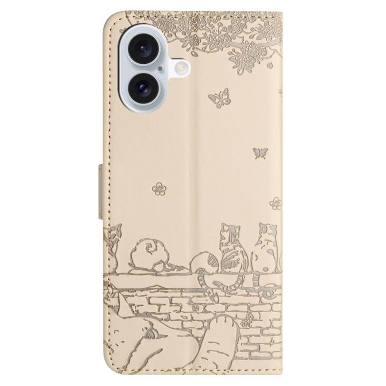 For iPhone 17 Cat Embossing Pattern Leather Phone Case with Lanyard