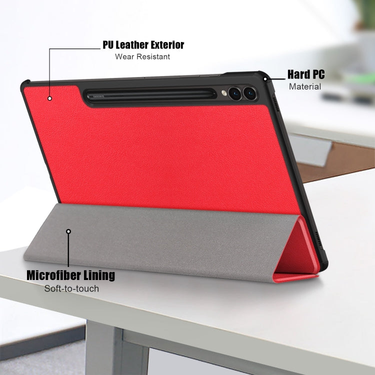 For Samsung Galaxy Tab S9+ Custer Pure Color 3-Fold Holder Smart Leather Tablet Case