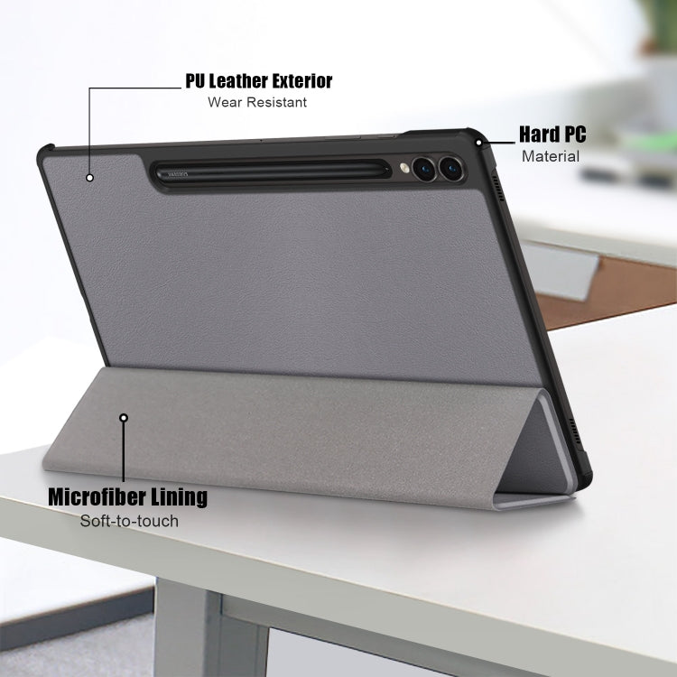 For Samsung Galaxy Tab S9+ Custer Pure Color 3-Fold Holder Smart Leather Tablet Case