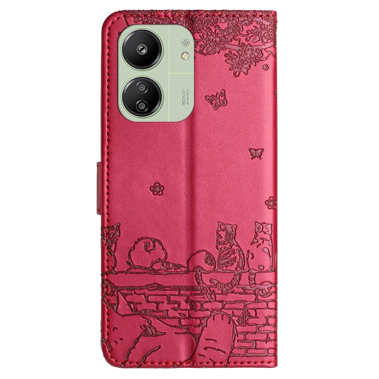 For Xiaomi Poco C65/Poco M6 Cat Embossing Pattern Leather Phone Case with Lanyard