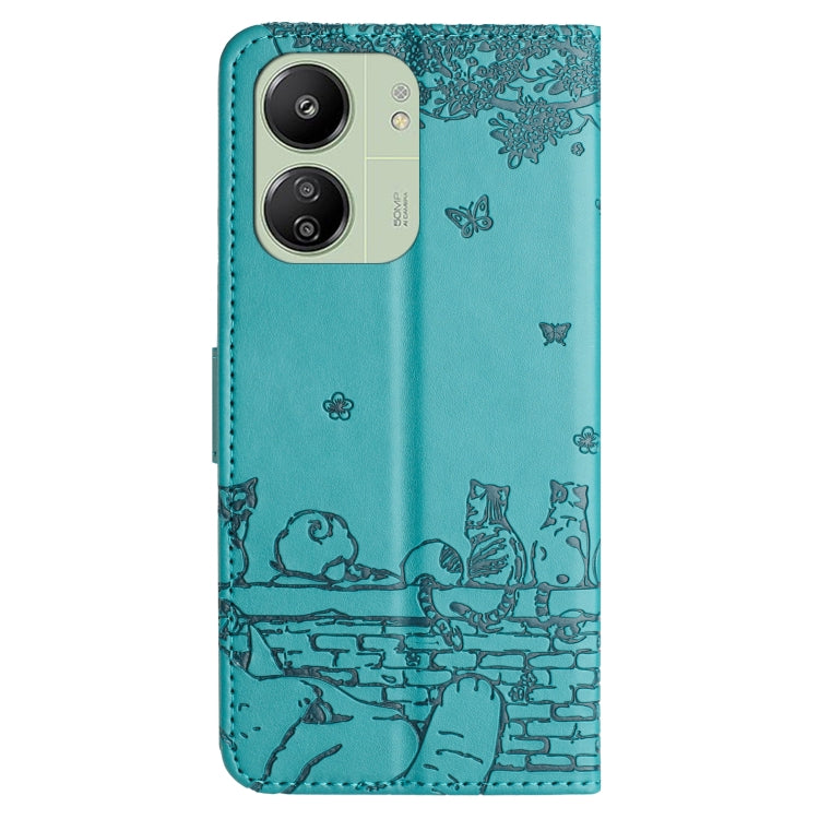For Xiaomi Poco C65/Poco M6 Cat Embossing Pattern Leather Phone Case with Lanyard