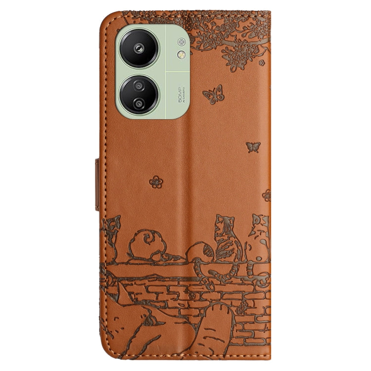 For Xiaomi Poco C65/Poco M6 Cat Embossing Pattern Leather Phone Case with Lanyard