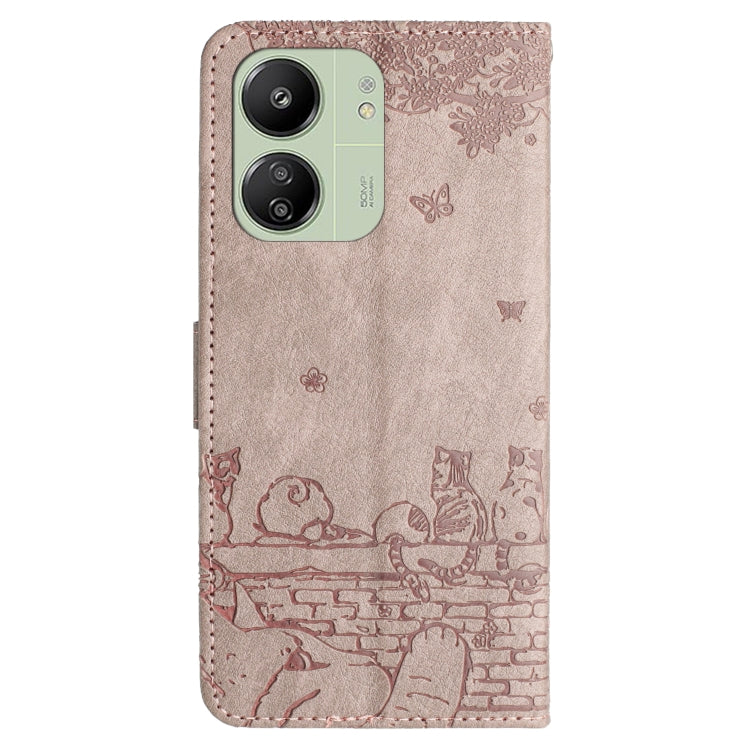 For Xiaomi Poco C65/Poco M6 Cat Embossing Pattern Leather Phone Case with Lanyard