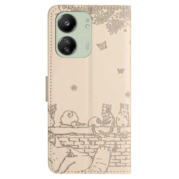 For Xiaomi Poco C65/Poco M6 Cat Embossing Pattern Leather Phone Case with Lanyard