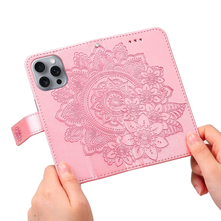 For iPhone 16 Pro Max Seven-petal Flowers Embossing Leather Phone Case