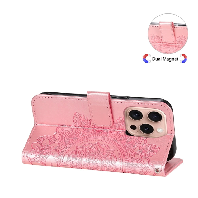 For iPhone 16 Pro Seven-petal Flowers Embossing Leather Phone Case