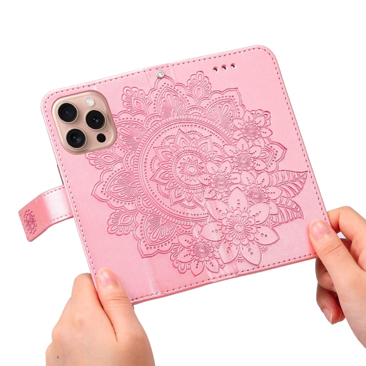 For iPhone 16 Pro Seven-petal Flowers Embossing Leather Phone Case