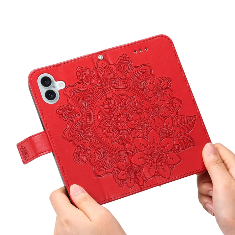 For iPhone 16 Plus Seven-petal Flowers Embossing Leather Phone Case