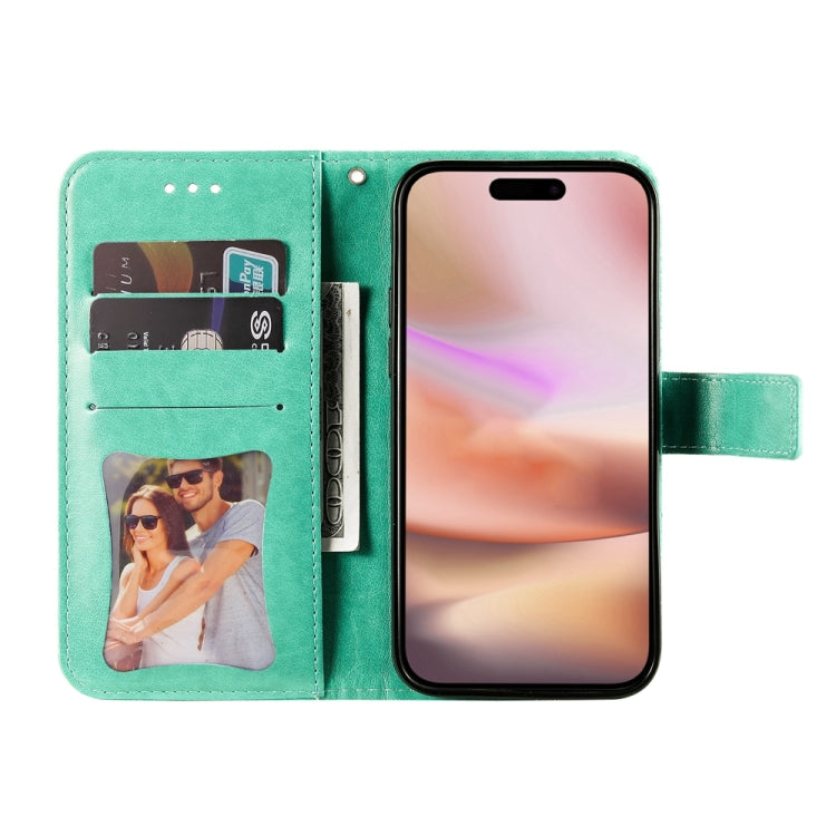 For iPhone 16 Plus Seven-petal Flowers Embossing Leather Phone Case