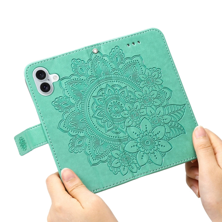 For iPhone 16 Plus Seven-petal Flowers Embossing Leather Phone Case