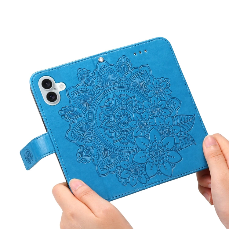 For iPhone 16 Plus Seven-petal Flowers Embossing Leather Phone Case