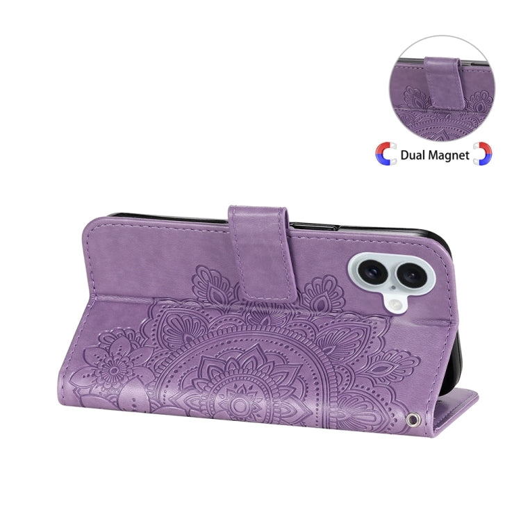 For iPhone 16 Plus Seven-petal Flowers Embossing Leather Phone Case