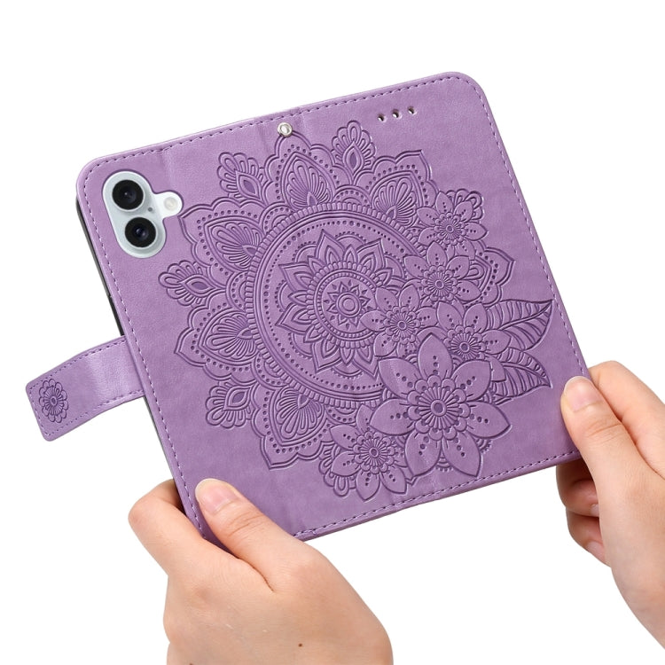 For iPhone 16 Plus Seven-petal Flowers Embossing Leather Phone Case