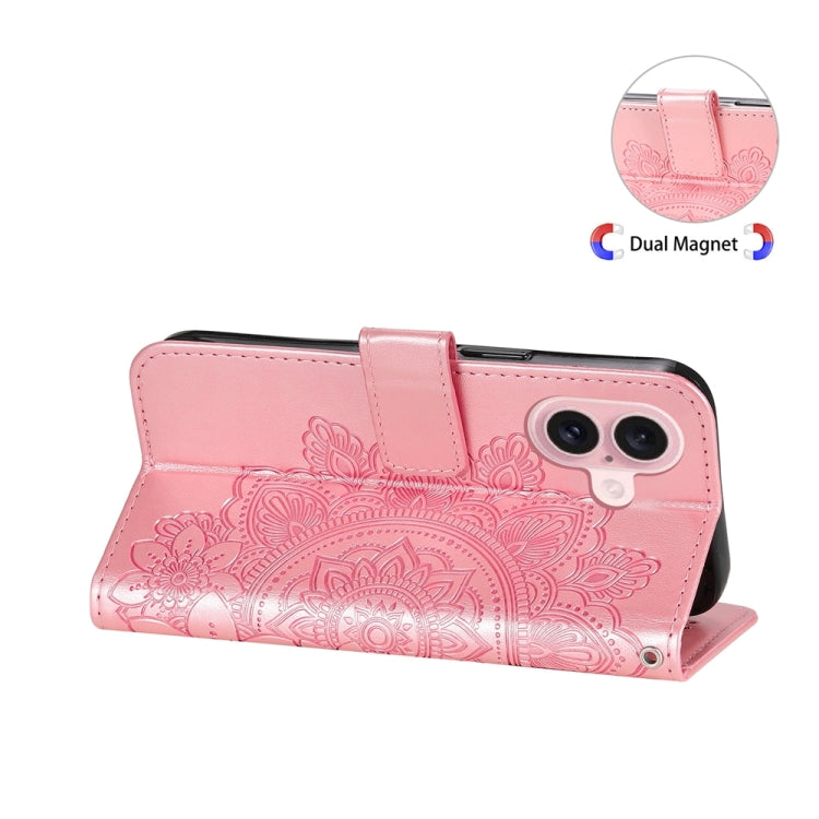 For iPhone 16 Seven-petal Flowers Embossing Leather Phone Case