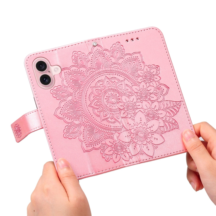 For iPhone 16 Seven-petal Flowers Embossing Leather Phone Case