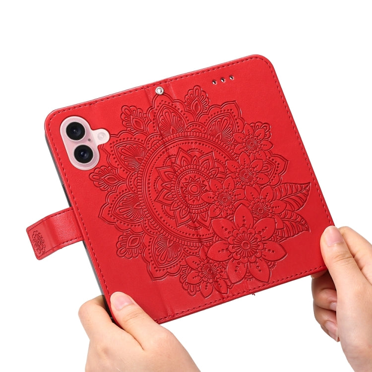 For iPhone 16 Seven-petal Flowers Embossing Leather Phone Case