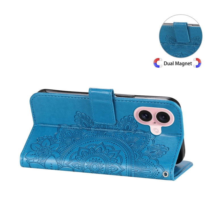 For iPhone 16 Seven-petal Flowers Embossing Leather Phone Case