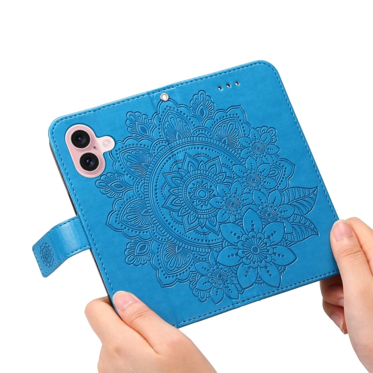 For iPhone 16 Seven-petal Flowers Embossing Leather Phone Case