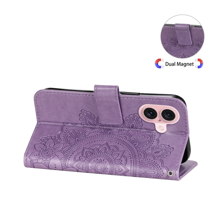 For iPhone 16 Seven-petal Flowers Embossing Leather Phone Case