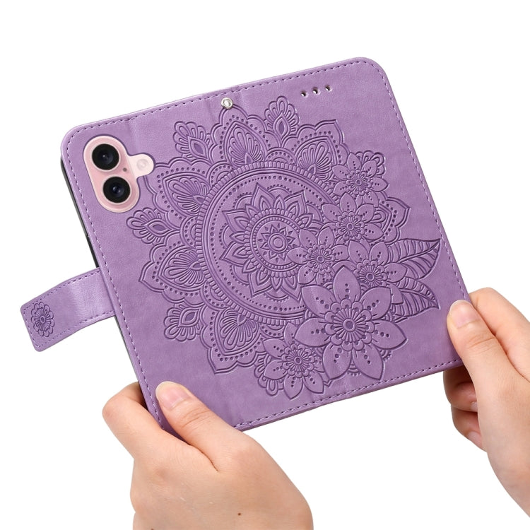 For iPhone 16 Seven-petal Flowers Embossing Leather Phone Case