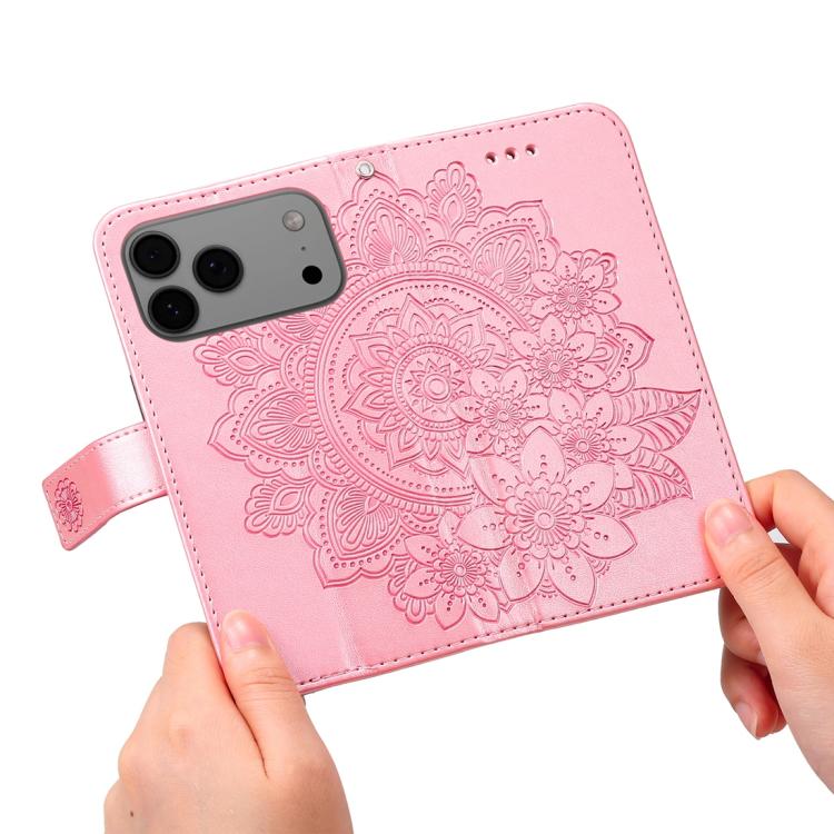 For iPhone 17 Pro Max Seven-petal Flowers Embossing Leather Phone Case