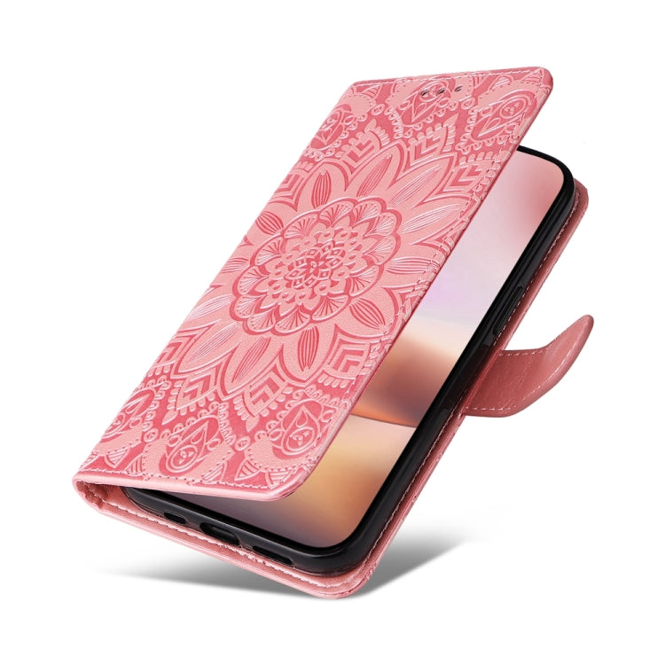For iPhone 16 Plus Embossed Sunflower Leather Phone Case