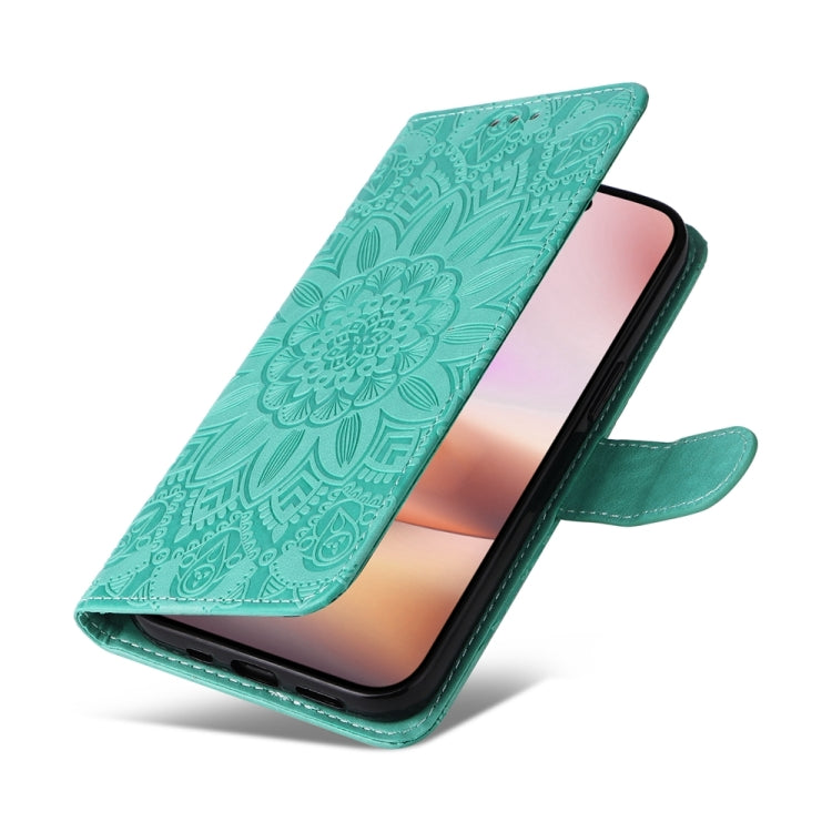 For iPhone 16 Plus Embossed Sunflower Leather Phone Case