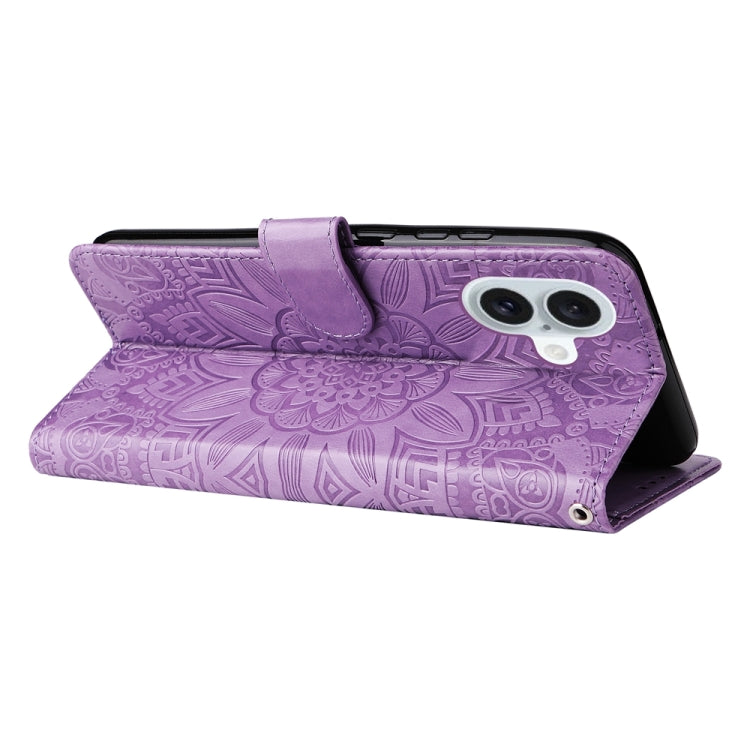 For iPhone 16 Plus Embossed Sunflower Leather Phone Case
