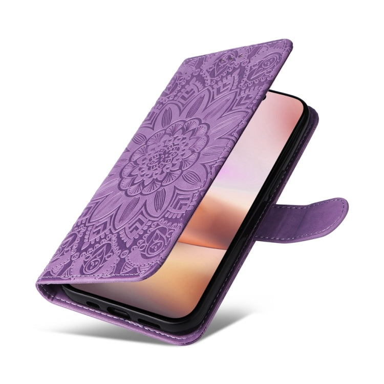 For iPhone 16 Plus Embossed Sunflower Leather Phone Case