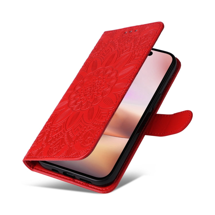 For iPhone 16 Plus Embossed Sunflower Leather Phone Case
