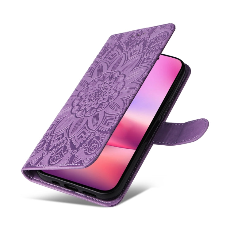 For iPhone 16 Embossed Sunflower Leather Phone Case