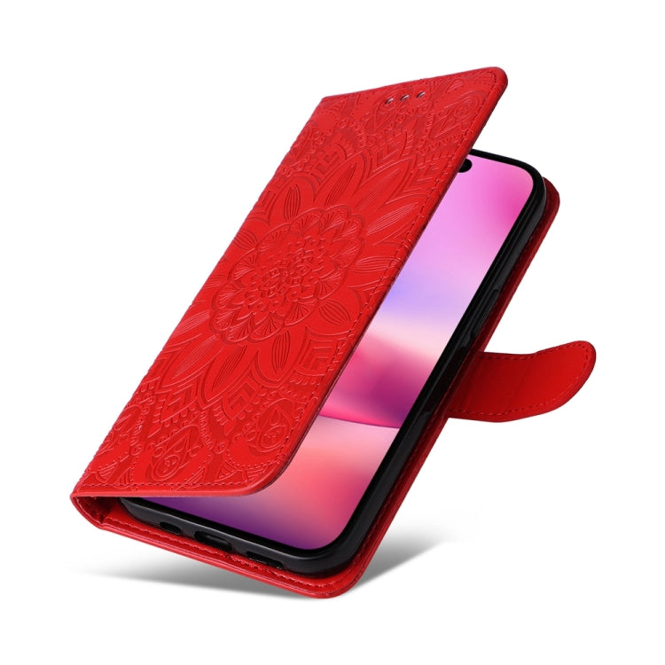 For iPhone 16 Embossed Sunflower Leather Phone Case
