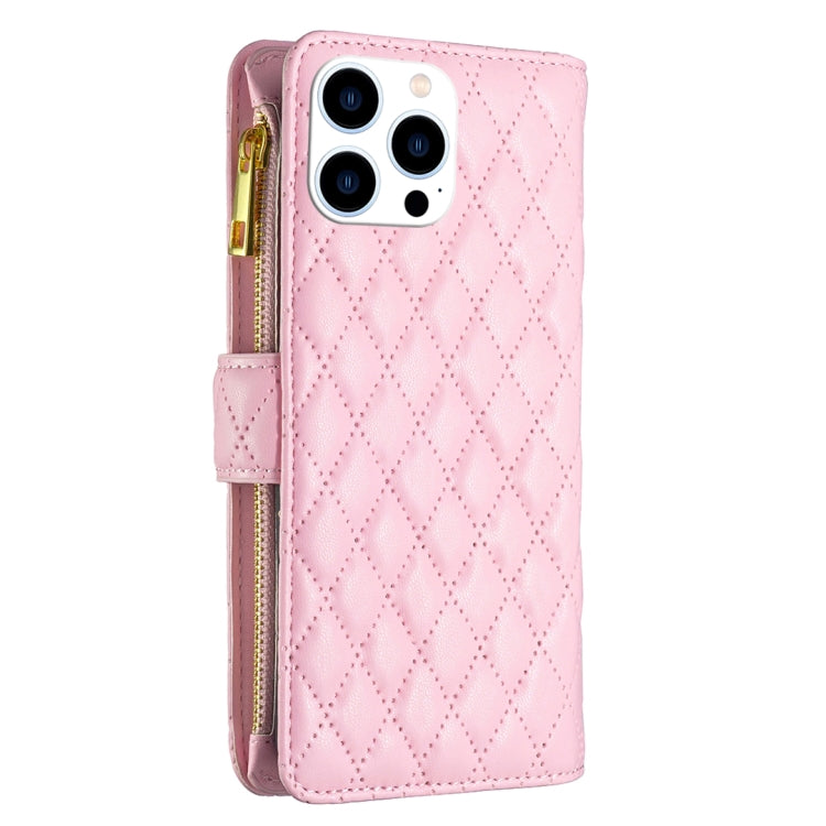 For iPhone 16 Pro Max Diamond Lattice Zipper Wallet Leather Flip Phone Case