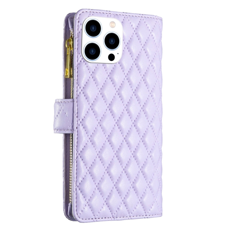For iPhone 16 Pro Max Diamond Lattice Zipper Wallet Leather Flip Phone Case