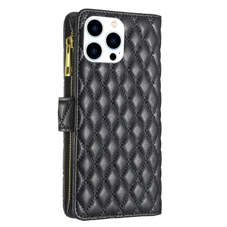 For iPhone 16 Pro Max Diamond Lattice Zipper Wallet Leather Flip Phone Case