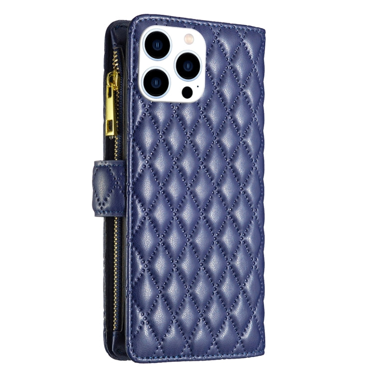 For iPhone 16 Pro Diamond Lattice Zipper Wallet Leather Flip Phone Case