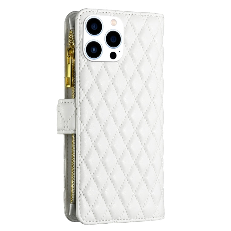 For iPhone 16 Pro Diamond Lattice Zipper Wallet Leather Flip Phone Case
