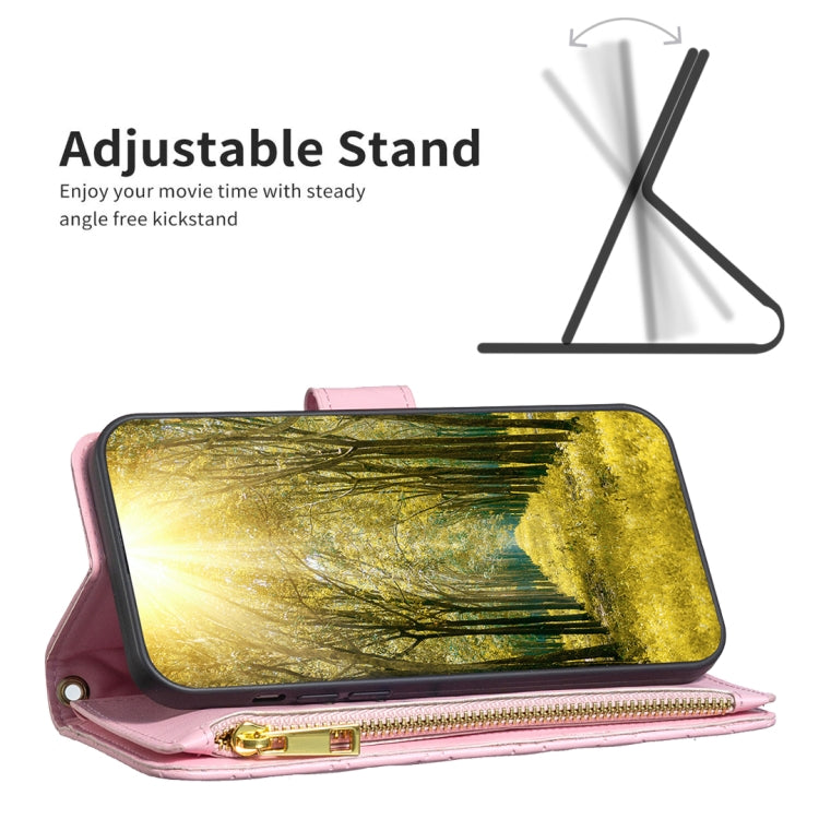 For iPhone 16 Pro Diamond Lattice Zipper Wallet Leather Flip Phone Case