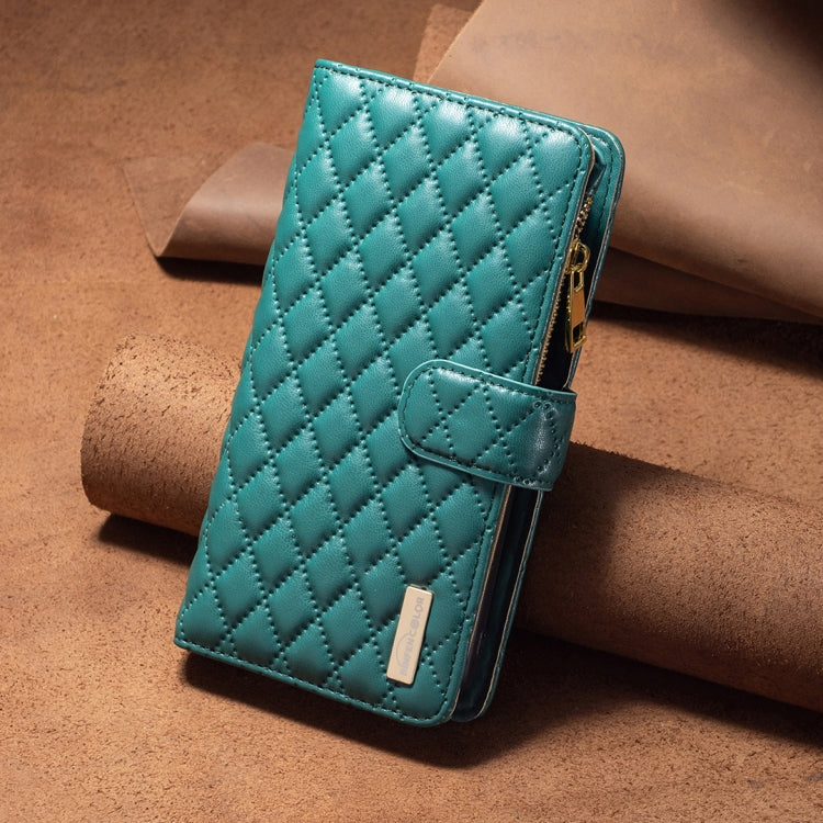 For iPhone 16 Diamond Lattice Zipper Wallet Leather Flip Phone Case