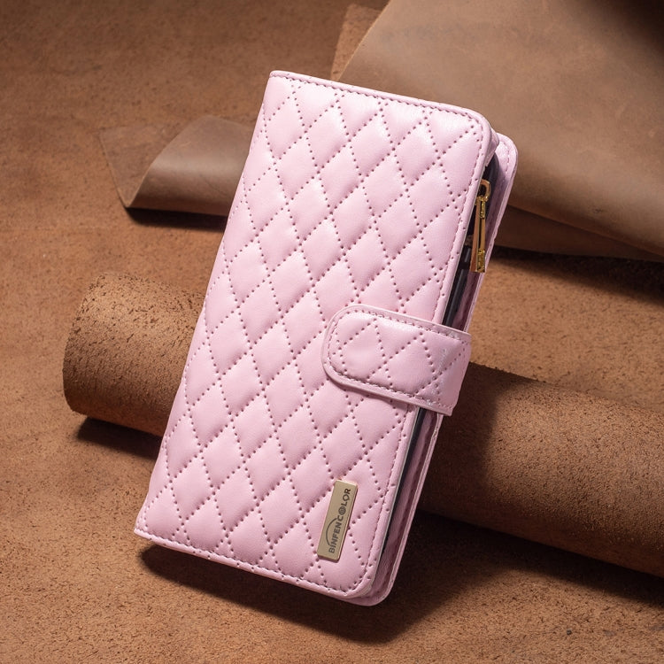 For iPhone 16 Diamond Lattice Zipper Wallet Leather Flip Phone Case