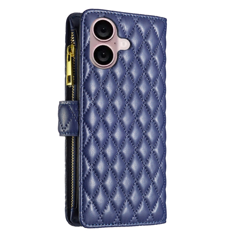 For iPhone 16 Plus Diamond Lattice Zipper Wallet Leather Flip Phone Case