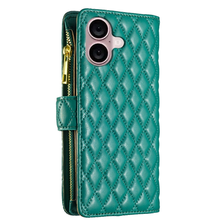 For iPhone 16 Plus Diamond Lattice Zipper Wallet Leather Flip Phone Case