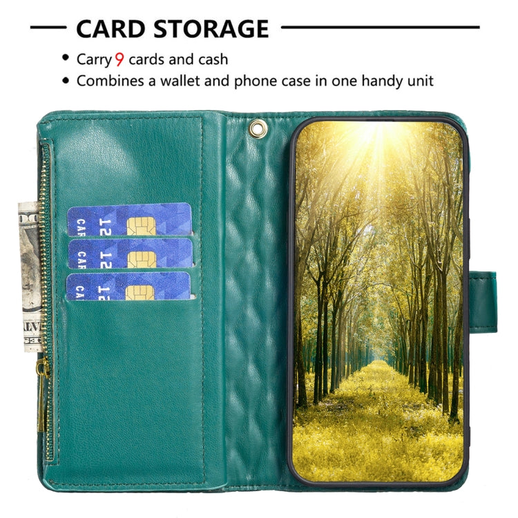 For iPhone 16 Plus Diamond Lattice Zipper Wallet Leather Flip Phone Case